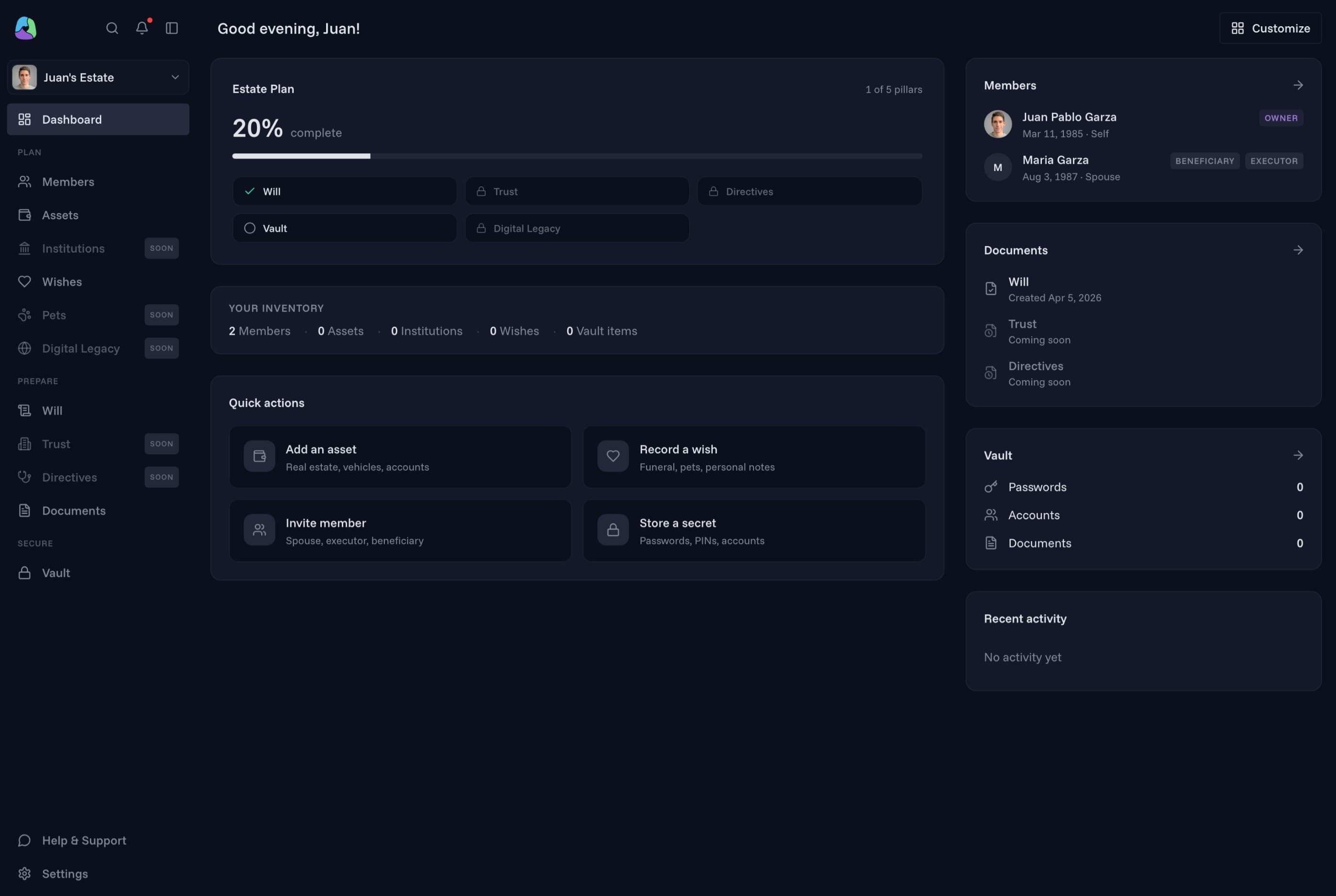 aftrmi dashboard showing 20% estate plan progress, members, documents, and vault