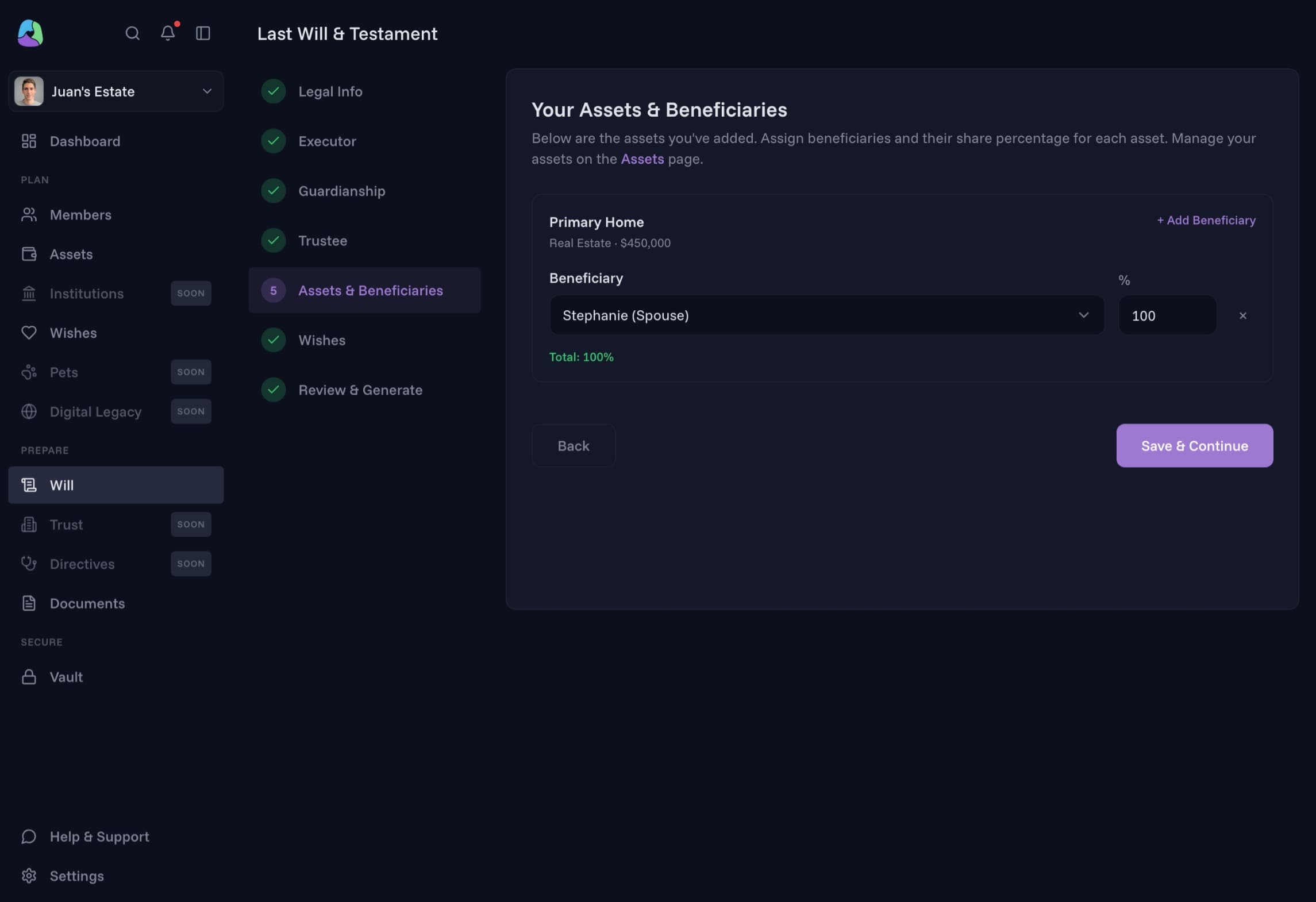 aftrmi will wizard showing step-by-step interview with saved progress